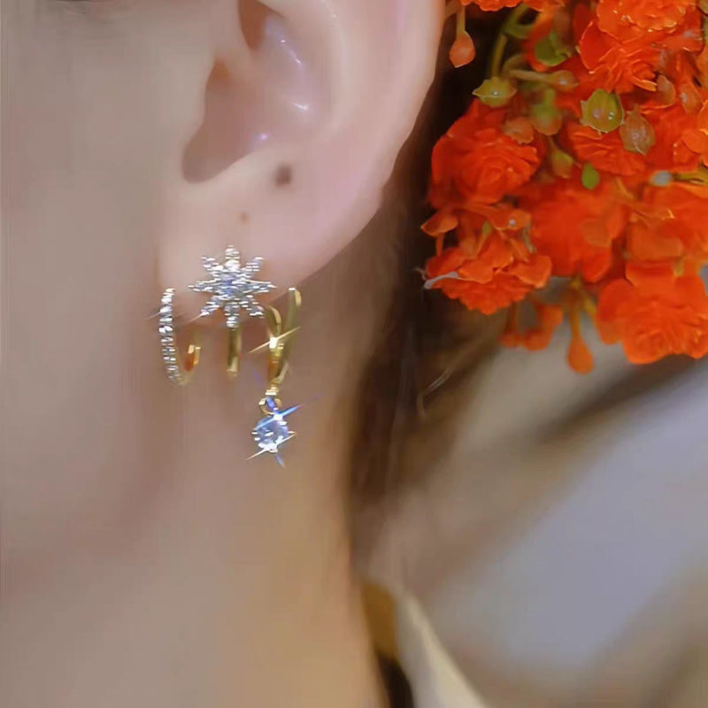 Luxury Minimalist Super Sparkling Eight-Pointed Star Earrings, Multi‑Band Design With Dangling Diamond Drop