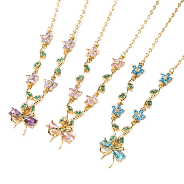 Vine Floral Bow Diamond Gold Necklace, 3 Pastel Tone Dainty Romantic Collarbone Chain