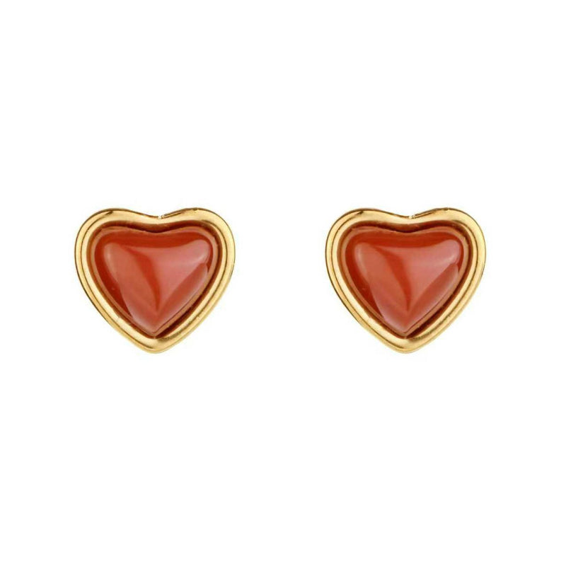Warm Carnelian Heart Gold Jewelry Set, Dainty Romantic Matching Necklace & Stud Earrings