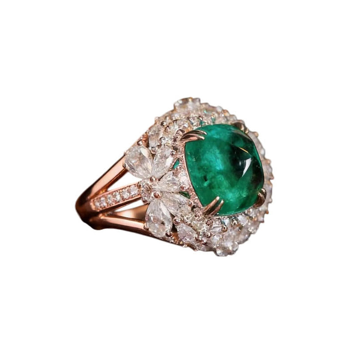 Cushion Emerald Halo Floral Cocktail Ring, 3-Tone Luxury Gem Statement Ring For Women