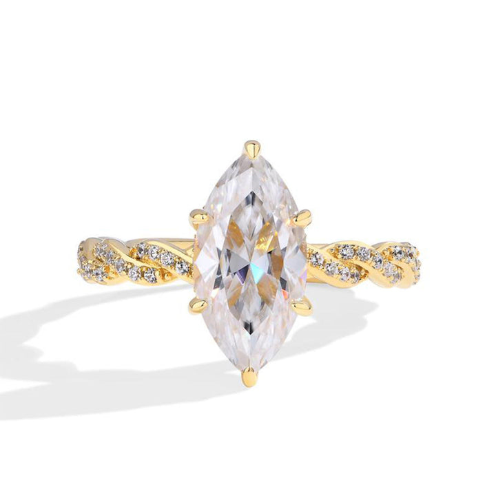 Marquise Diamond Twisted Pave Band Ring, 2 Tone Vine Texture Bridal Solitaire