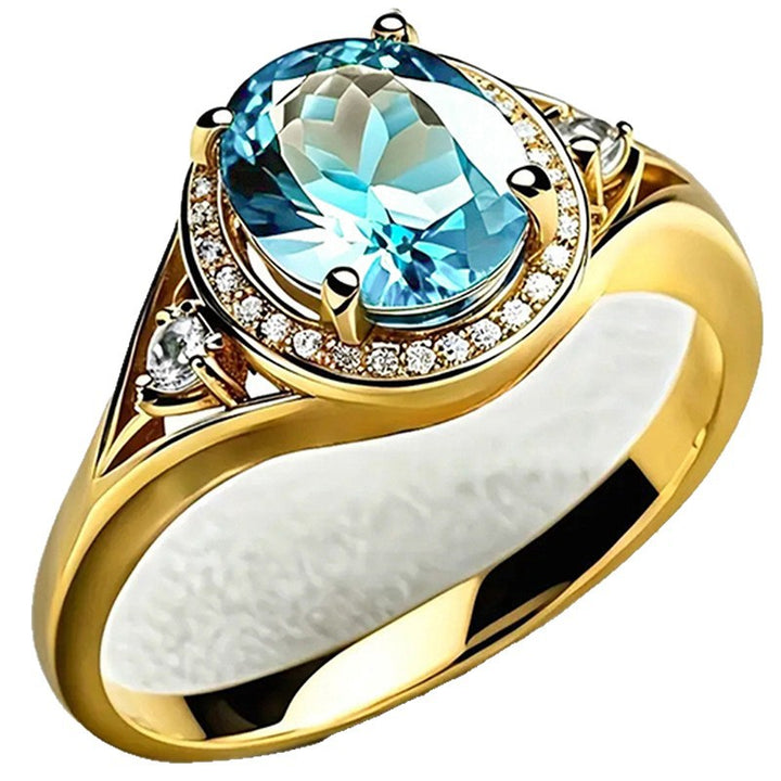 Oval Blue Gemstone Halo Diamond Accent Ring, Curved Inlaid Band Statement Cocktail Ring