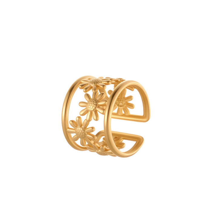 2‑Style Gold‑Tone Open Cuff Statement Rings, Hollow Daisy & Cluster Pearl Adjustable Rings