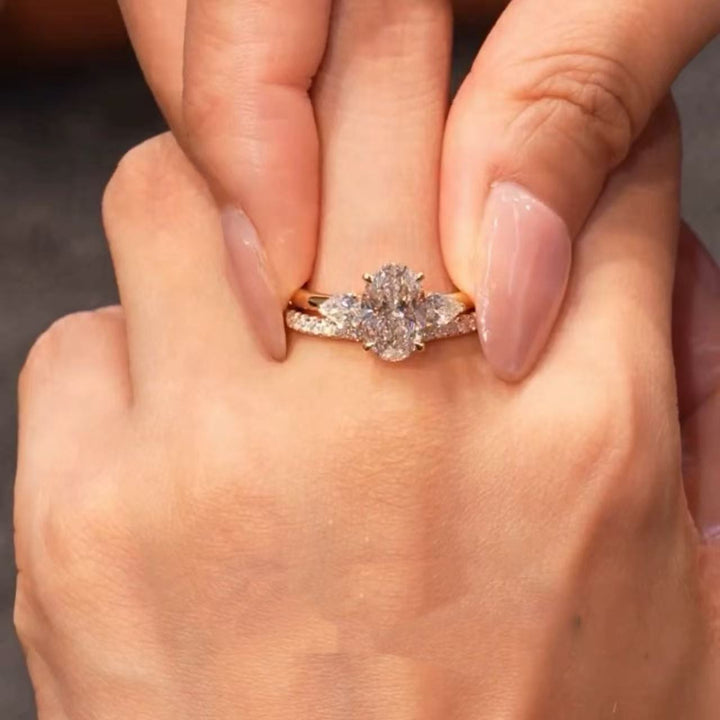 Oval Diamond Gold Open Wrap Bridal Ring Set, Curved Teardrop Accent Stackable Duo