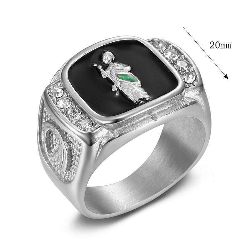 Vintage Enamel Embossed Figure Signet Ring with Side‑Set Diamonds, Men’s Statement Ring