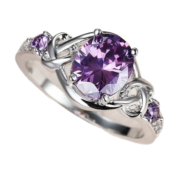 Oval Purple Gemstone Statement Ring, Celtic Knot Design Ring with Side Accent Stones for Women