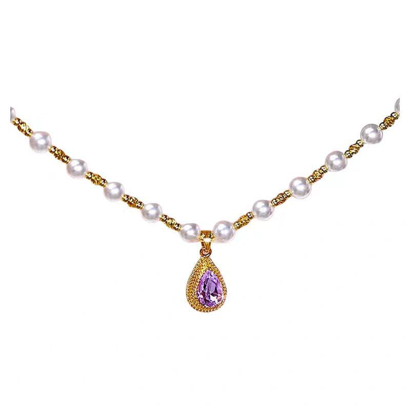Freshwater Pearl Lotus Tassel & Teardrop Pink Gem Granulated Bezel Dainty Collarbone Jewelry For Women