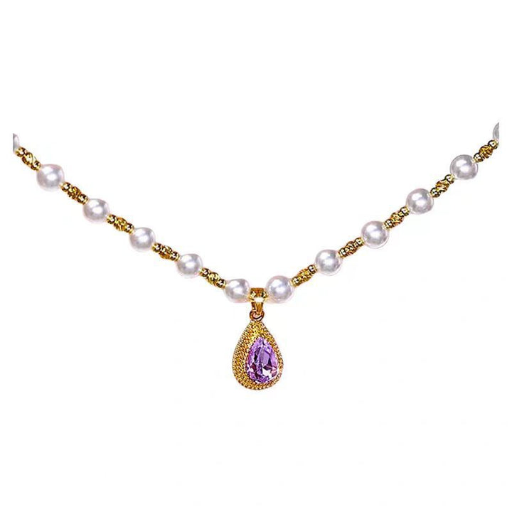 Freshwater Pearl Lotus Tassel & Teardrop Pink Gem Granulated Bezel Dainty Collarbone Jewelry For Women