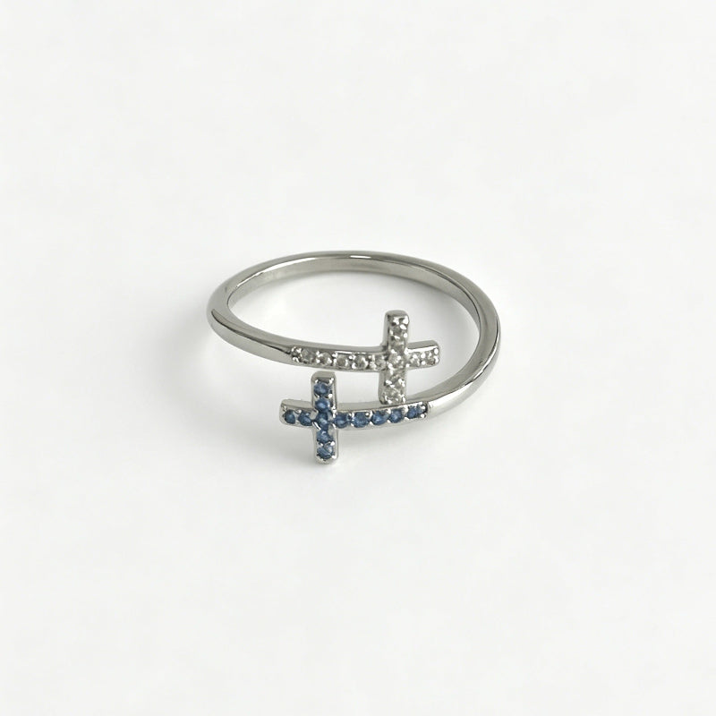 Dual Cross Pave Diamond Open Adjustable Ring, Silver Minimal Stackable Statement Band