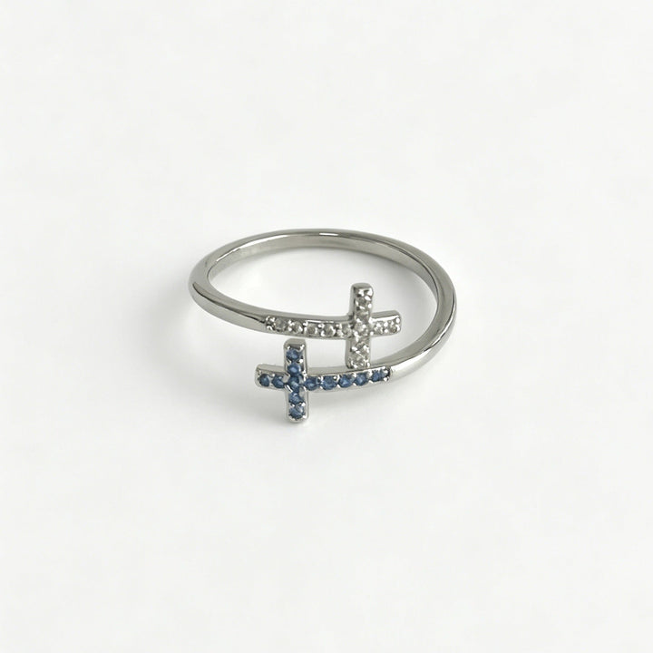 Dual Cross Pave Diamond Open Adjustable Ring, Silver Minimal Stackable Statement Band