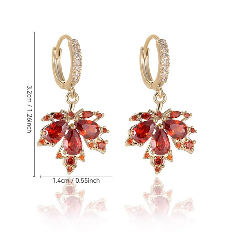 Sparkling Maple Leaf Jewelry Set, Red Stone Leaf Earrings &amp; Pendant Necklace for Women
