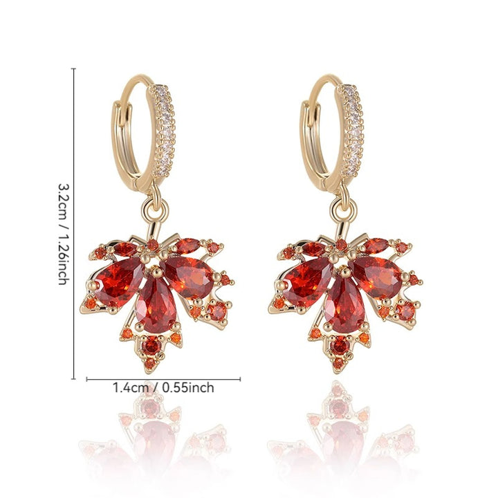 Sparkling Maple Leaf Jewelry Set, Red Stone Leaf Earrings &amp; Pendant Necklace for Women