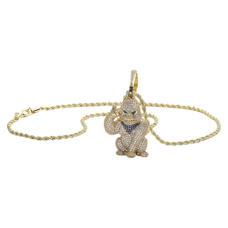 Iced Out Gorilla Hand Gun Pendant Necklace, 18K Gold Silver Hip Hop Rope Chain Jewelry