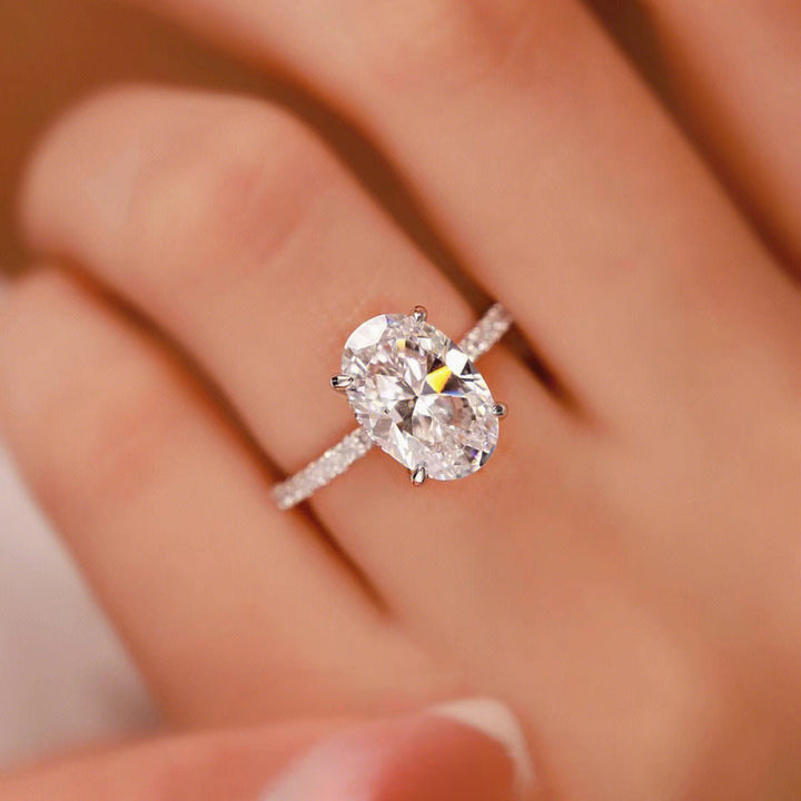 4 Prong Oval Cut Side Pave Diamond Silver Solitaire Engagement Ring