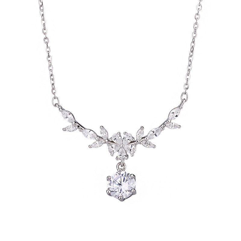Floral and Wheat-Ear Diamond Pendant Necklace, Dainty Sparkling Charm
