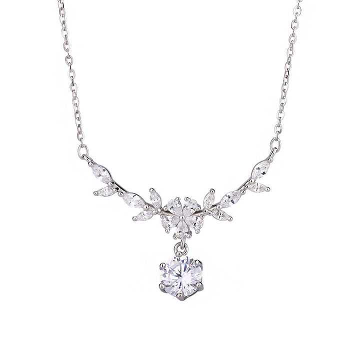 Floral and Wheat-Ear Diamond Pendant Necklace, Dainty Sparkling Charm