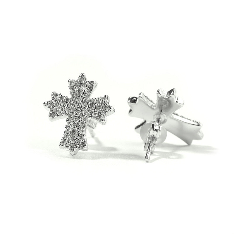 Pave Diamond Cross & Crisscross Statement Stud Earrings, Hip Hop Daily Ear Jewelry for Unisex