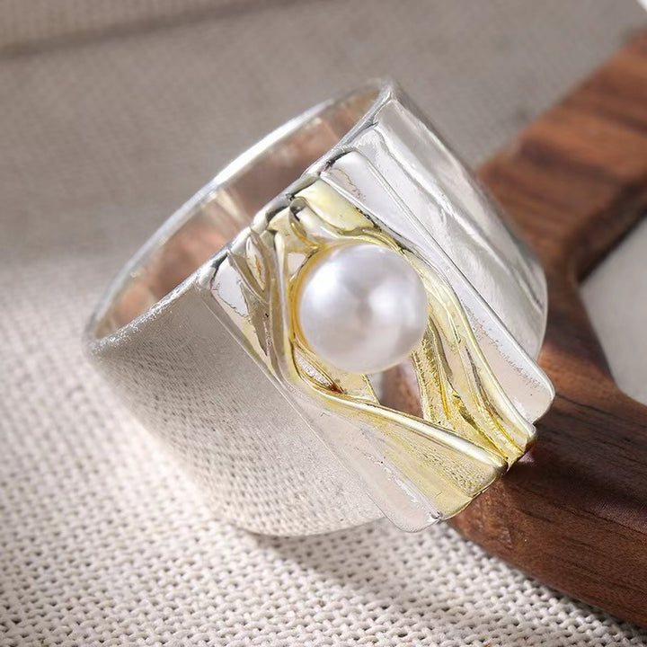 Two-tone Wide Band Pearl Statement Ring, Abstract Artisan Ring for Women