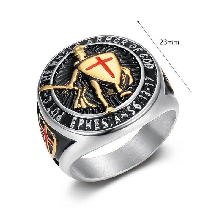 3‑Tone Warrior Cross Shield Religious Statement Ring for Men