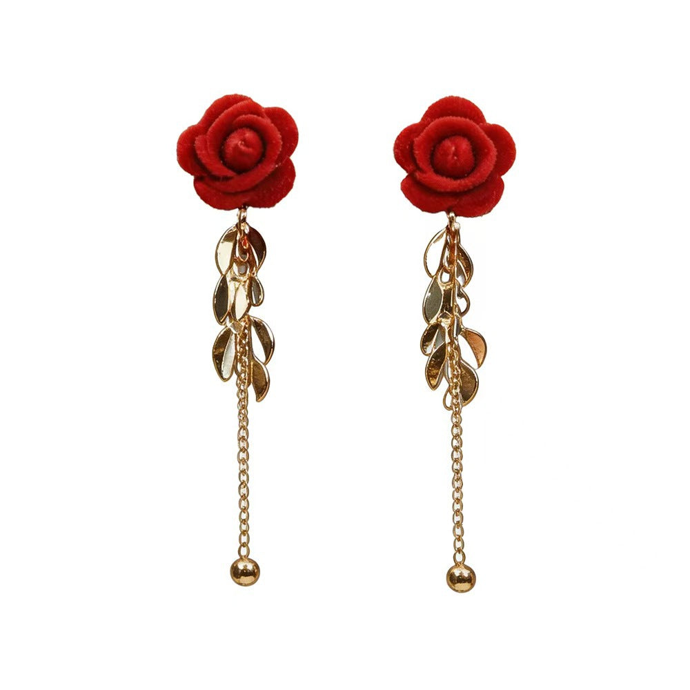 Romantic Red Rose Drop Earrings, Long Tassel Leaf Dangle Earrings for Women Party Jewelry