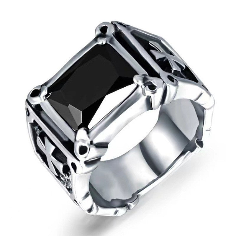 Gothic Cross Signet Ring, Vintage Rectangular Stone Statement Ring Punk Biker Jewelry for Men
