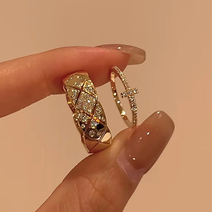Paved Diamond Stackable Adjustable Opening Ring For Women, Elegant Cross-Shaped Ring