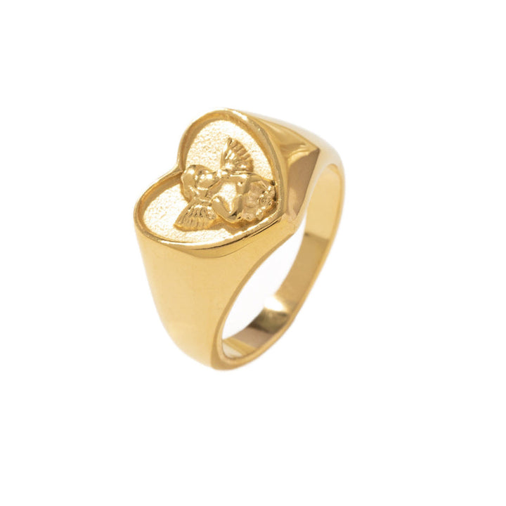 18K Gold Heart Cherub Signet Ring, Vintage Embossed Angel Love Statement Ring