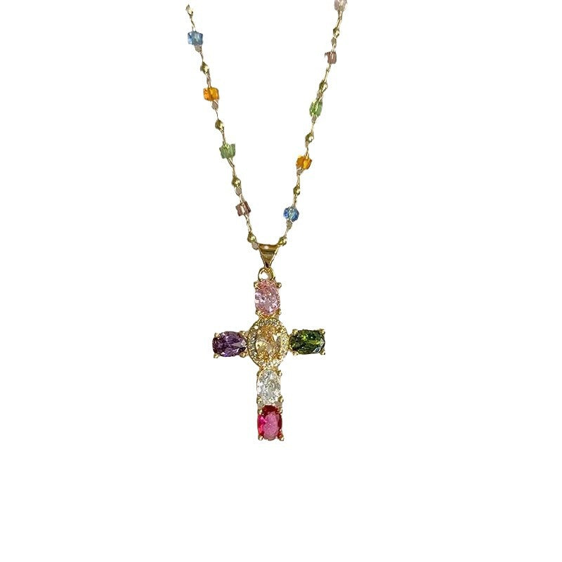 Colorful Gem Cross Pendant Necklace, Ideal for Birthday &amp; Christmas Gift for Women