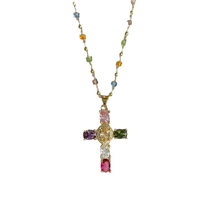 Colorful Gem Cross Pendant Necklace, Ideal for Birthday &amp; Christmas Gift for Women