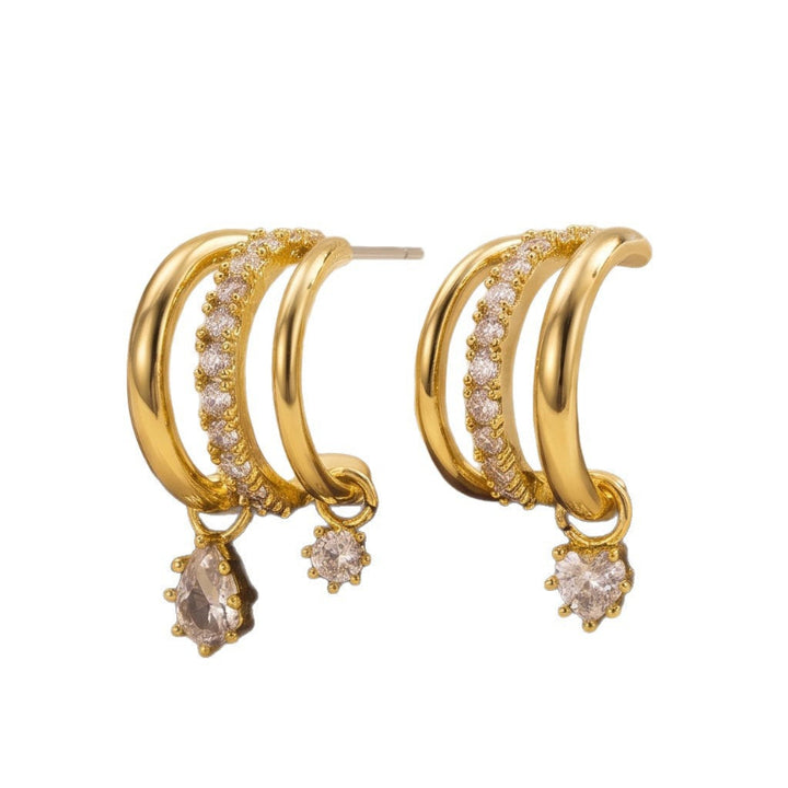 Multi‑Layer Hoop Teardrop Earrings, Two‑Tone Gold Tone With Sparkling Dangling Diamond Charms
