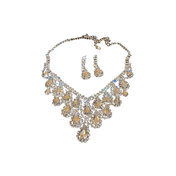 Teardrop Diamonds Bib Jewelry Set, Luxury Formal Necklace & Drop Earrings For Women