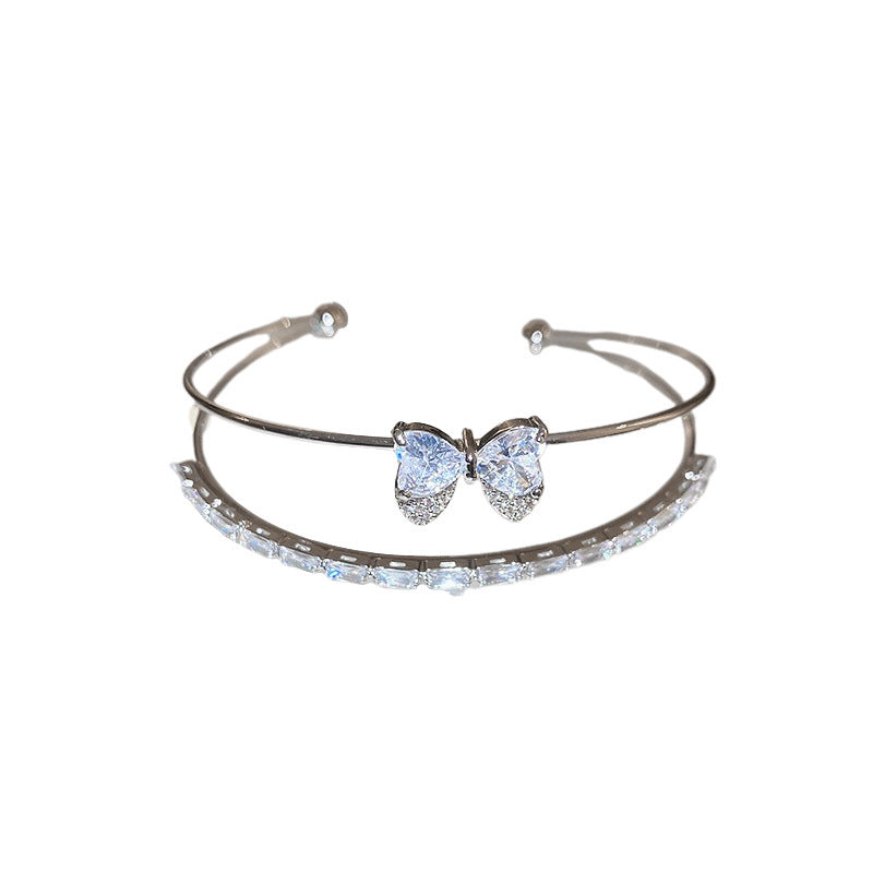 Double Layer Butterfly Diamond Open Cuff Bangle, Heart Stone Bow Stackable Bracelet