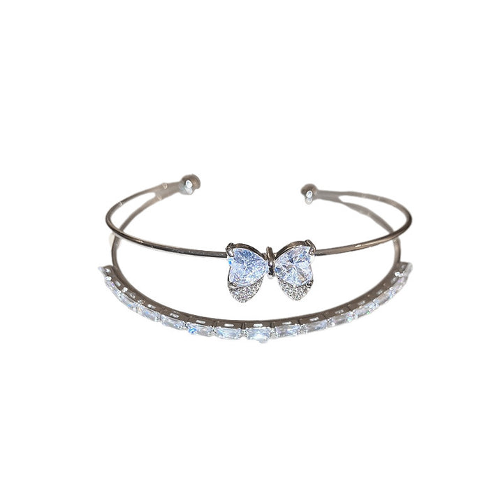 Double Layer Butterfly Diamond Open Cuff Bangle, Heart Stone Bow Stackable Bracelet