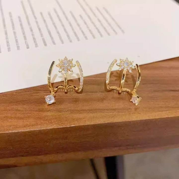 Luxury Minimalist Super Sparkling Eight-Pointed Star Earrings, Multi‑Band Design With Dangling Diamond Drop
