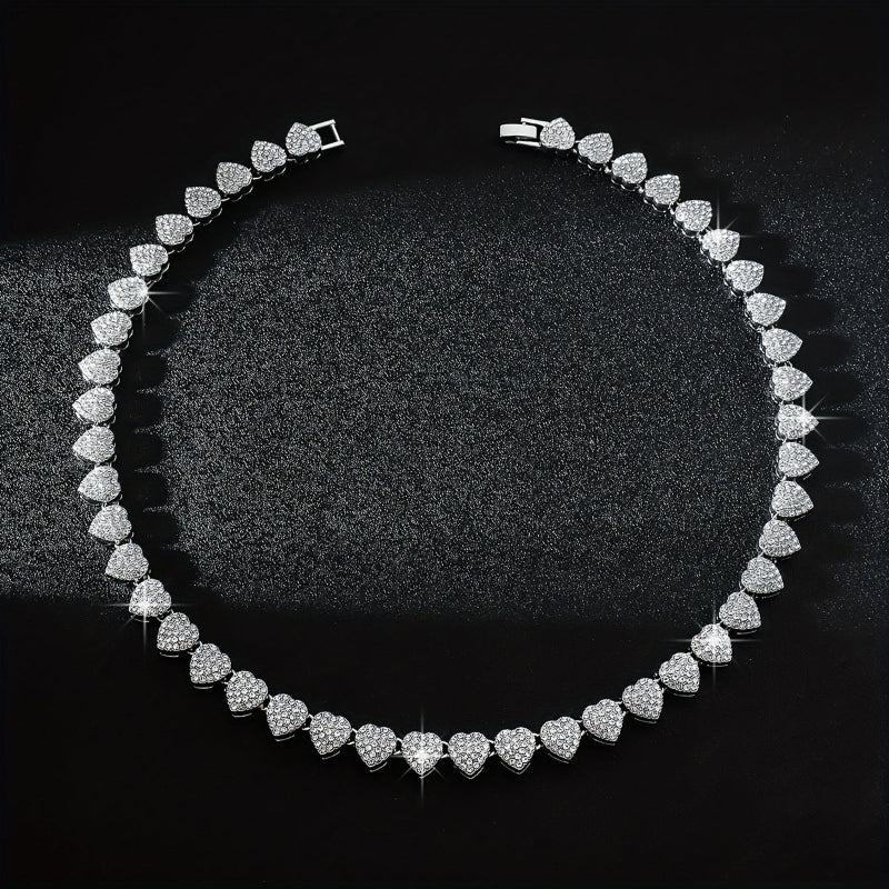 Full Pave Diamond Heart Tennis Choker, Iced Romantic Stackable Collarbone Statement Necklace