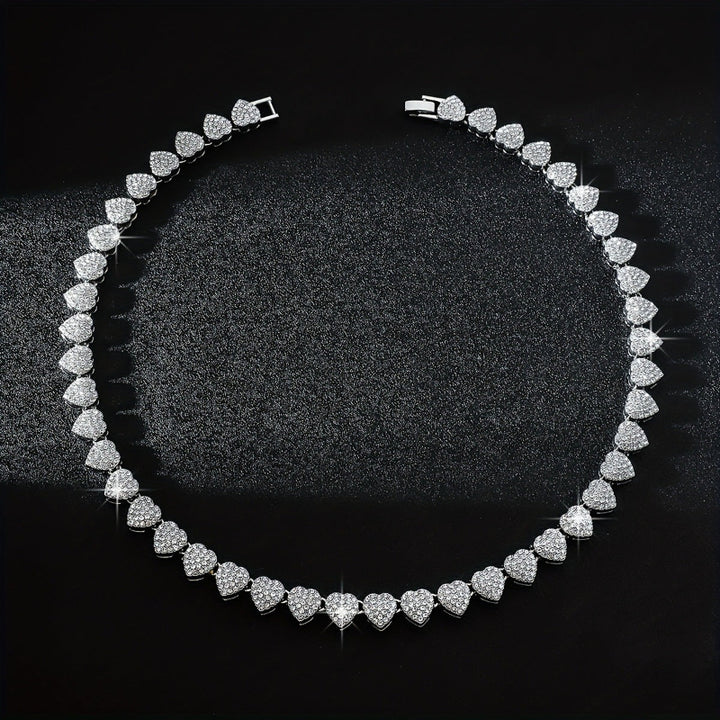 Full Pave Diamond Heart Tennis Choker, Iced Romantic Stackable Collarbone Statement Necklace