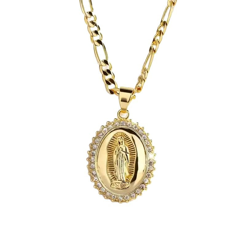 Oval Medallion Diamond‑Border Pendant Necklace, Gold Tone Figaro Chain