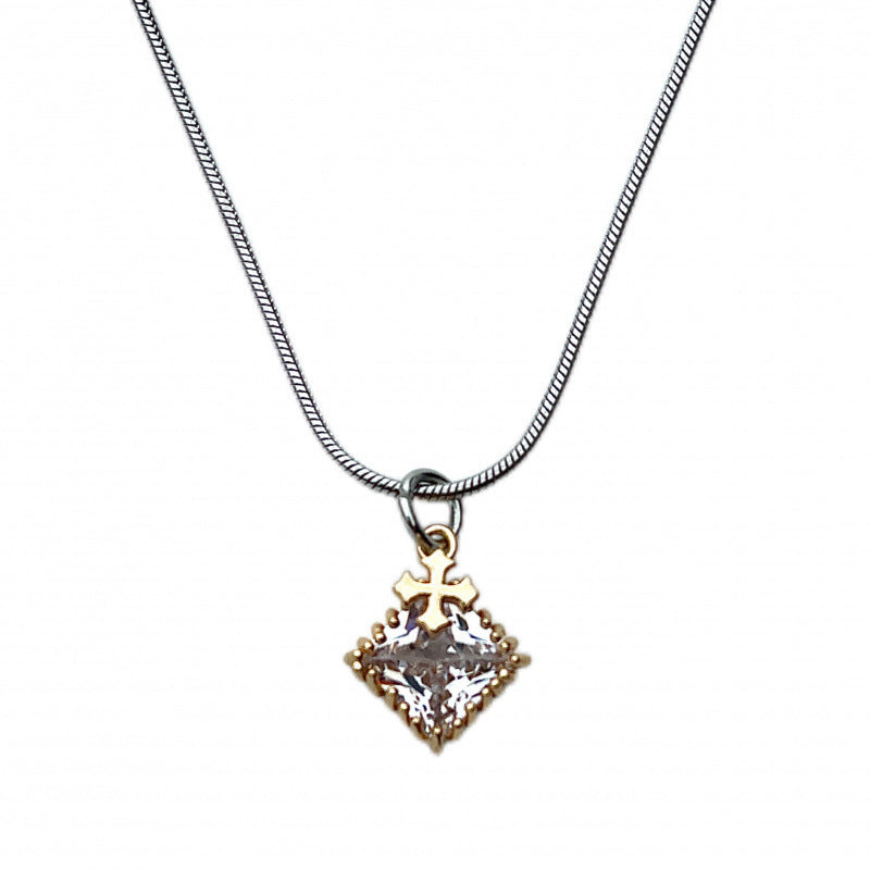 Two‑Tone Cross Diamond Sweater Necklace, Minimalist Gothic Charm Necklace, Ideal Gift for Couples