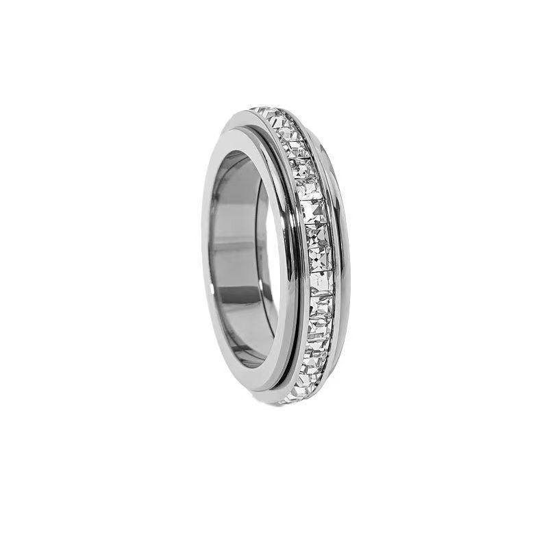 Rotating Ring Paved Clear Diamond Band, 3 Tone Minimal Thin Wedding Statement Ring