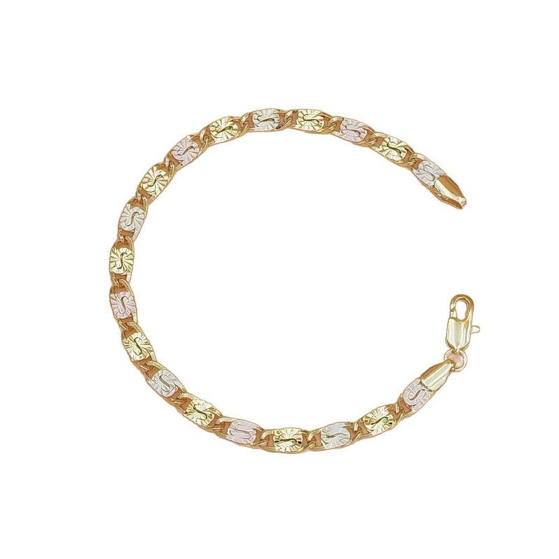 Embossed Sunflower Flat Link Bracelet, Classic Figaro Chain Dainty Stackable Women Daily Minimalist Wrist Jewelry