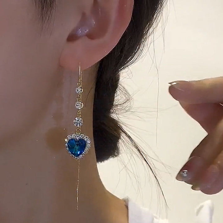 Heart‑Shaped Blue Diamond Threader Drop Earrings, Long Tassel Gold‑Tone Dangle Earrings