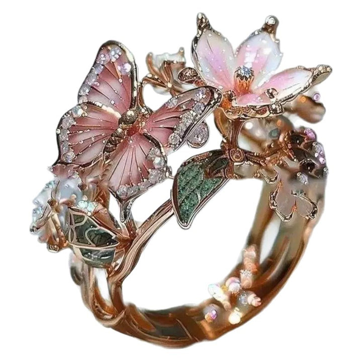 Vintage Nature Inspired Hummingbird &amp; Butterfly Flower Ring, Artistic Open Statement Rings for Women