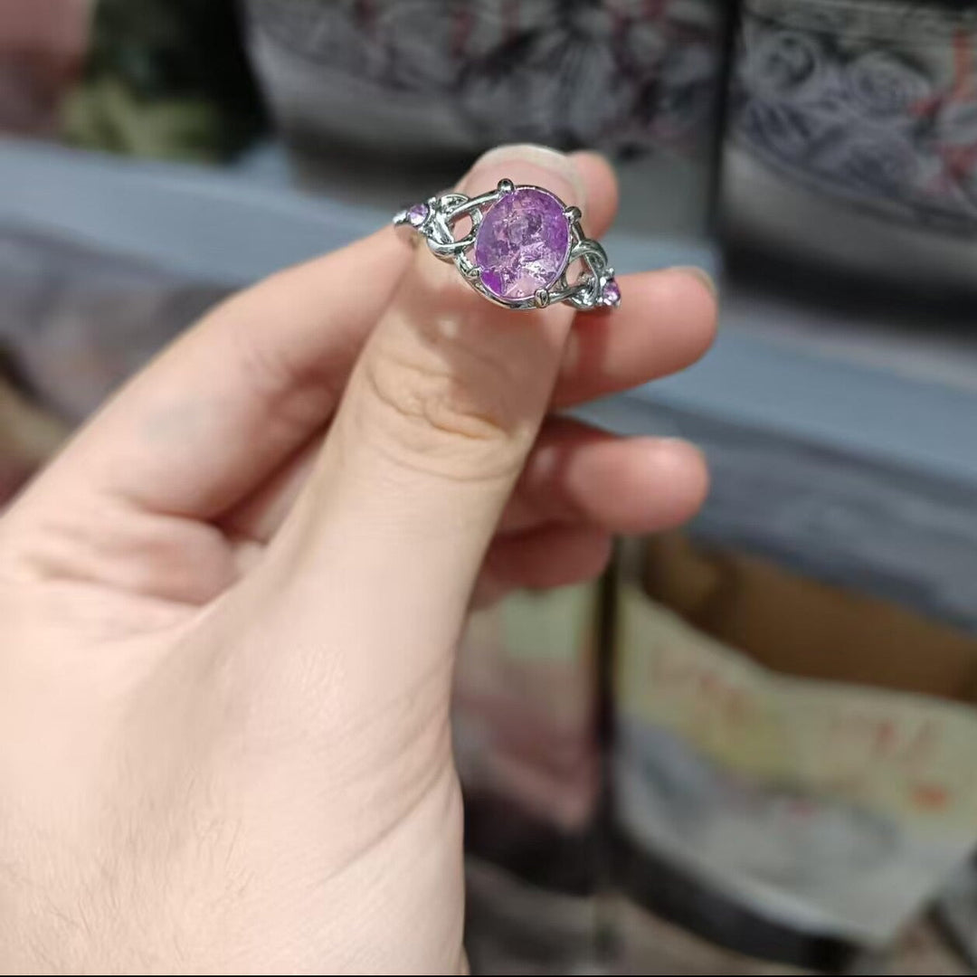 Oval Purple Gemstone Statement Ring, Celtic Knot Design Ring with Side Accent Stones for Women