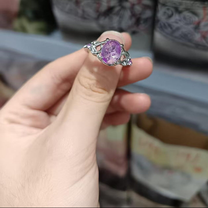 Oval Purple Gemstone Statement Ring, Celtic Knot Design Ring with Side Accent Stones for Women