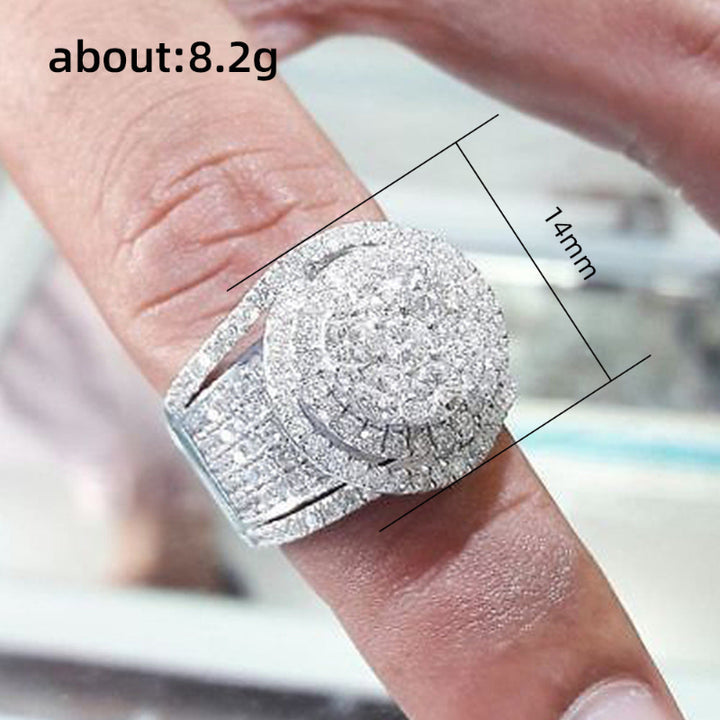 Double Halo Full Paved Stone Wide Ring, 18K Gold Silver Two Tone Statement Band