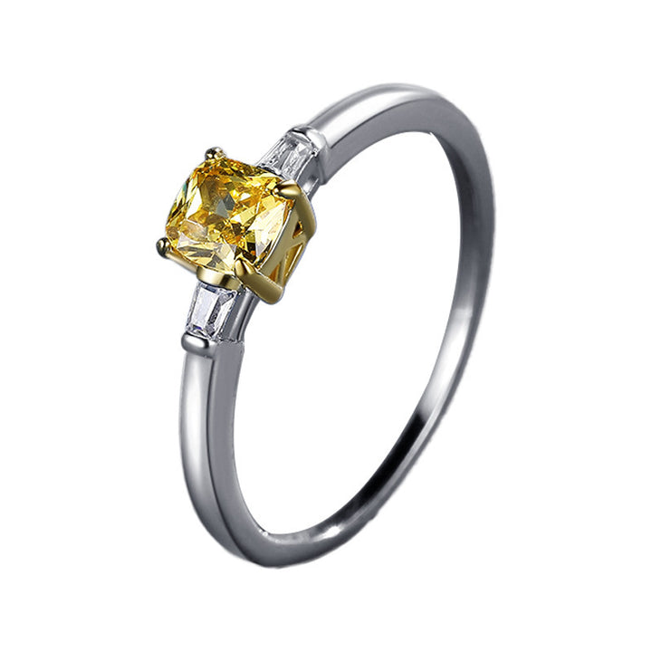Cushion Yellow Diamond Solitaire Ring, Slim Baguette Accent Minimal Promise Band