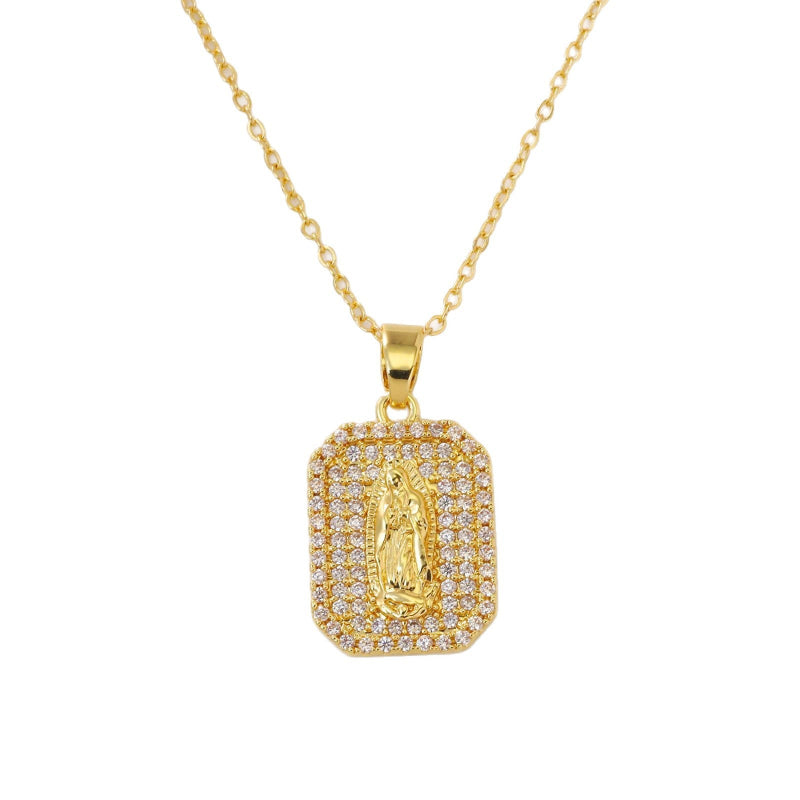 Iced‑Out Virgin Mary Tag Pendant Necklace, Bold, Fully Hip-Hop Style Necklace