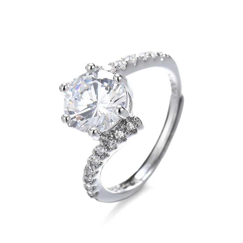 6-Prong Round Diamond Twist Shank Halo Engagement Ring, Adjustable Opening Diamonds Ring