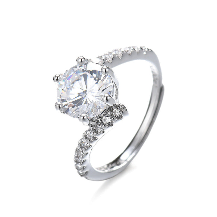 6-Prong Round Diamond Twist Shank Halo Engagement Ring, Adjustable Opening Diamonds Ring