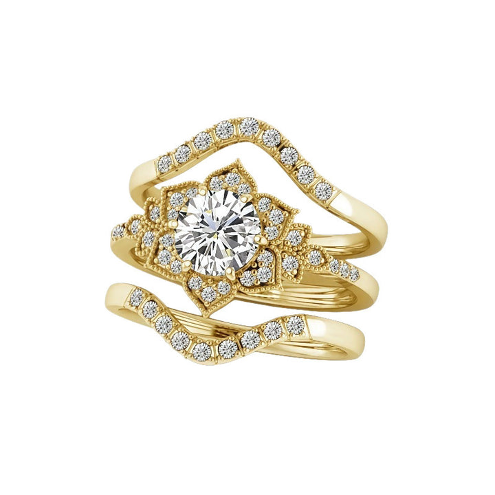 Vintage Floral Stackable Ring Set, Sparkling Center Diamond Curved Band Statement Rings for Women